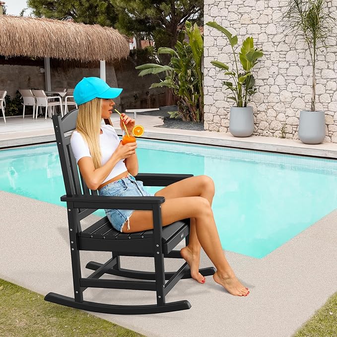 VINGLI Outdoor Rocking Chair Set of 2, HDPE Rocking Chair with Higher Backrest, All Weather Rocker for Garden, Yard, Balcony, Black