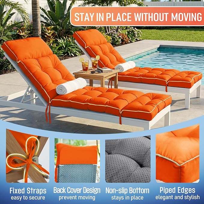 MAGIC ELEPHANT Chaise Lounge Cushions Outdoor, Memory Foam Replacement Patio Pool Lounge Chair Cushion with Ties for Outdoor Furniture, 74 x 22 x 4 Inch (Orange)