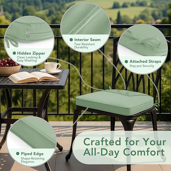 Outdoor Chair Cushions Set of 4: Waterproof & Fade Resistant Patio Furniture Cushions - 18.5 x 16 x 2 Inch Non Slip Round Corner Seat Cushion Pads with Removable Cover for Garden Yard Lawn, Sage Green
