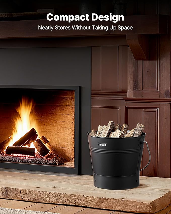 VEVOR Ash Bucket, 4 PCS with Lid, Shovel, Broom and Gloves, Metal Fireplace Charcoal Bucket and Ash Can, 2.6 GAL Large Capacity for Fireplace, Fire Pits, Wood Burning Stoves, Indoor and Outdoor
