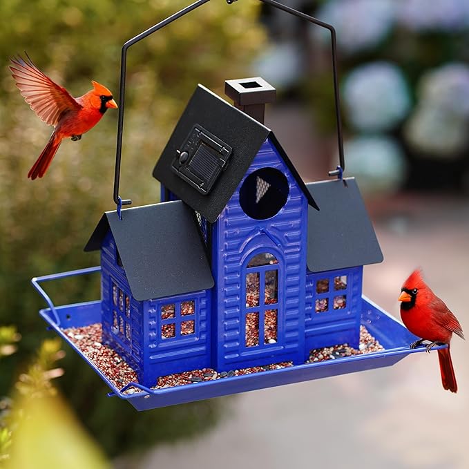 Solar Bird Feeders for Outdoors Hanging,Metal Cardinal Bird House Feeder with Solar Powered Lantern Light,Wild Cardinal Birdfeeder Waterproof Decor for Garden Yard Outside,Gift for Grandma Mom