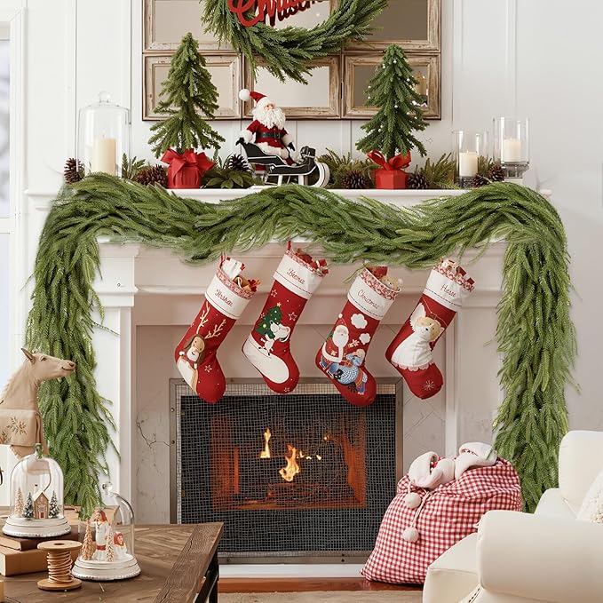 Findosom 2PCS 9Ft Christmas Norfolk Pine Garland, Real Touch Artificial Winter Green Pine Garland for Mantle, Wall, Fireplace, Stairs, Table, Indoor & Outdoor Christmas Decorations