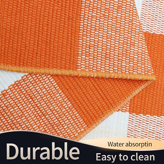 SEEKSEE Cotton Buffalo Plaid Rug 3'x5' Orange and White Checked Rug Washable Doormats Indoor Outdoor Rugs for Layered Front Door Mats, Porch, Kitchen, Farmhouse, Entryway