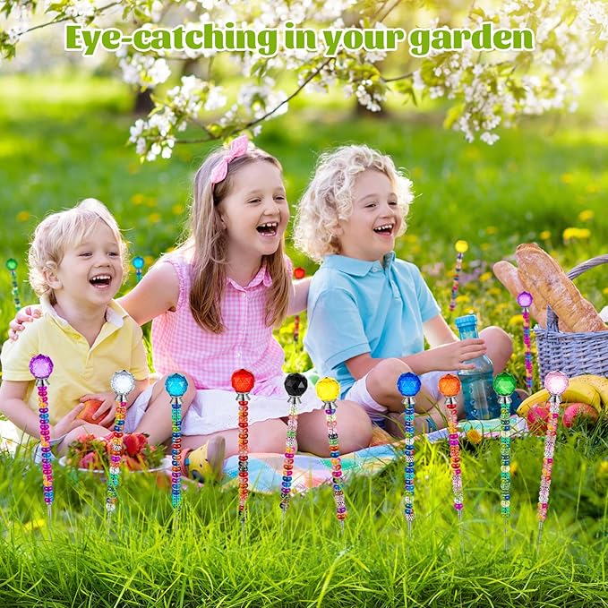 230 Pcs Beaded Garden Stakes, DIY Fairy Wand Garden Stake Beads Kits with 200 Colorful Assortment Round Large Hole Beads with 10 Round Stopper Top, 10 Threaded Rod and 10 Nuts for Outdoor Decoration