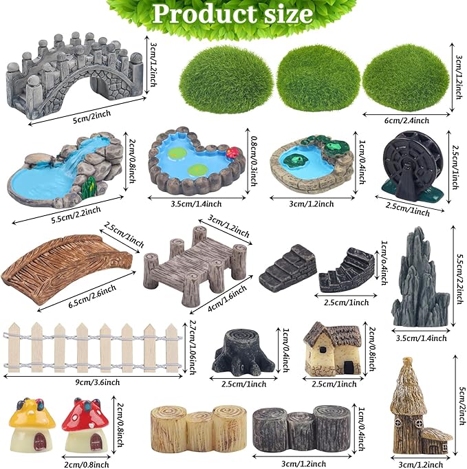 21 Pcs Fairy Garden Miniatures Accessories Bridge House Landscape Water Well Fence Figurines Pond Mushroom Lawn Garden Ornament for DIY Craft Succulent Decor