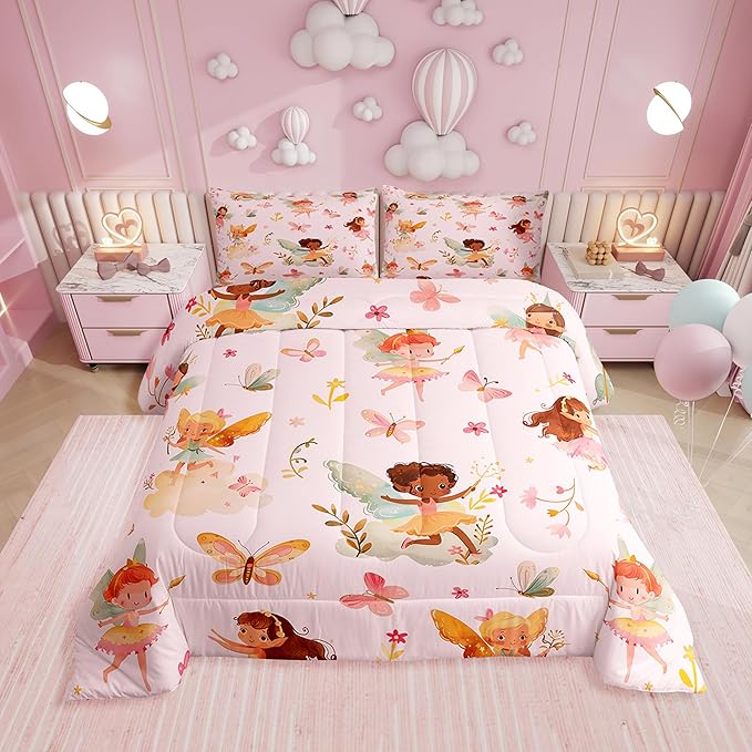 Erosebridal Pink Fairy King Bedding Set - Butterfly Floral Cute Comforter Set for Girls Kids, Fairies Garden Flowers Quilt | Aesthetic Flower Princess Bedroom Decor with 2 Pillowcases