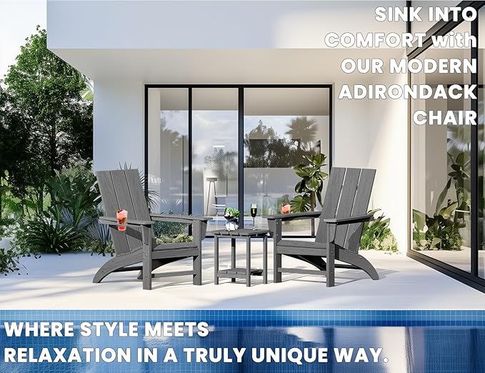 Modern Adirondack Chair, HDPE Plastic Patio Chairs for All Weather, Fire Pit Chair, Outdoor Lawn Chairs for Deck, Porch, Backyard, Garden, Slate Gray