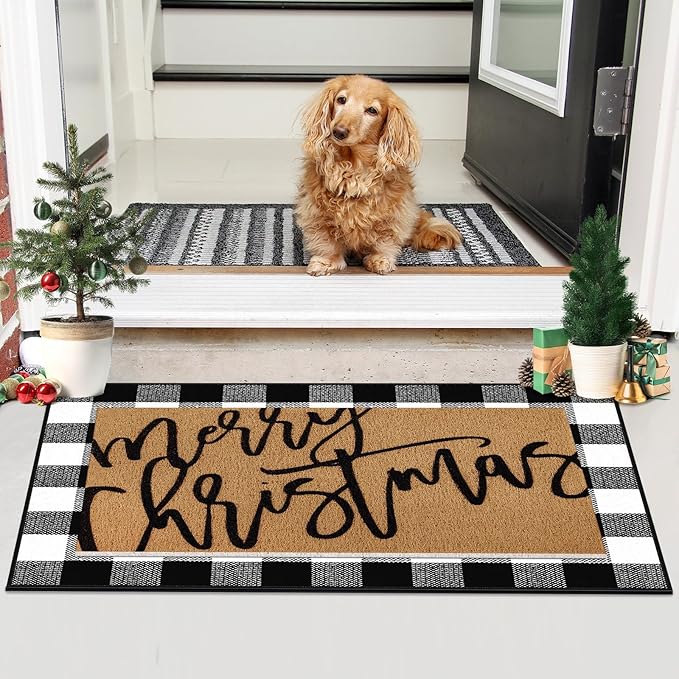 Tinideya 2 Pcs Merry Christmas Door Mat Xmas Welcome Non Slip Coir Mats Black White Buffalo Plaid Floor Layering Doormats Seasonal for Front Porch Entryway Decor(Merry Christmas)