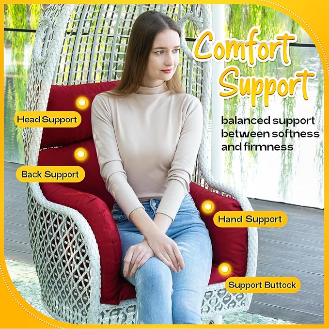 MAGIC ELEPHANT Egg Chair Cushion, Memory Foam Indoor Outdoor Hanging Egg Chair Cushion Replacement, Patio Basket Swing Cushion with Headrest (Red)
