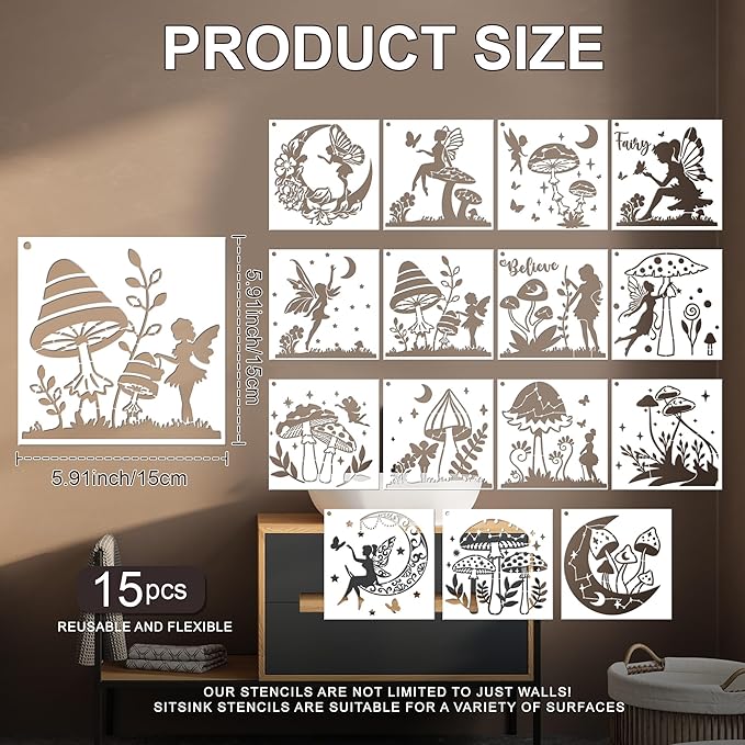 Fairy Moon Mushroom Stencils - 15 Pcs Reusable Boho Stencils for Painting on Wood Wall Canvas Door Mat, Painting Drawing Template for DIY Craft