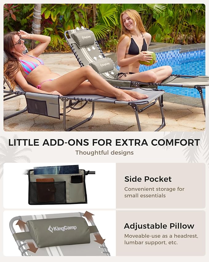 KingCamp 2 Pack Tanning Chair with Face Hole, Lounge Chairs Outdoor Folding Comfy Adjustable 5-Position Foldable Chaise Chaser Lounger for Outside Beach Patio Sun Bathing Pool, Grey/White