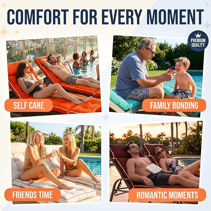 MAGIC ELEPHANT Chaise Lounge Cushions Outdoor, Memory Foam Replacement Patio Pool Lounge Chair Cushion with Ties for Outdoor Furniture, 74 x 22 x 4 Inch (Orange)