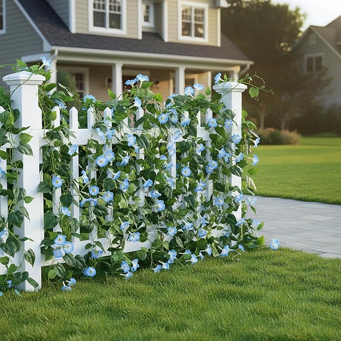 GTIDEA 4Pcs Fake Vines 30Feet Artificial Hanging Morning Glory Flower Garland Blue Faux Vines for Outdoors for Wall Fence Indoor Wedding Decor