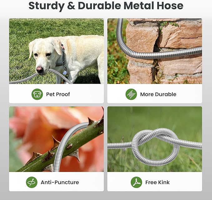 Giraffe Tools Garden Hose 100ft x 3/4", 304 Stainless Steel Metal Water Hose, No Kink Garden Water Hose with 9 Pattern Spray Nozzle, Flexible, Lightweight, Kink Free Hose for Yard, Outdoor