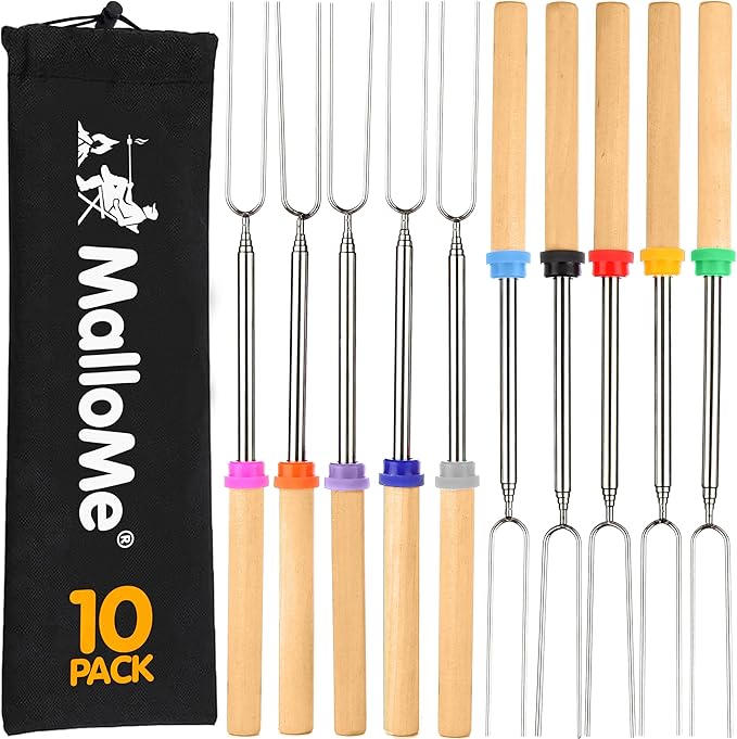 MalloMe Smores Sticks for Fire Pit - Accessories for Campfire Marshmallow Roasting Sticks Smores Kit Outdoor - Smore Skewers Hot Dog Fork For Outside, Camping Essentials Bonfire Gear Long 32" 10 Pack