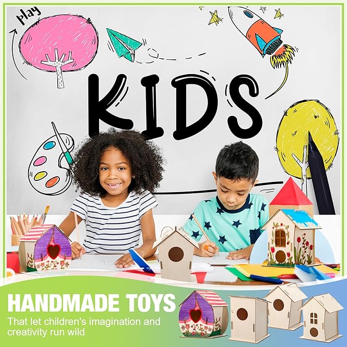 DoubleFill 48 Pcs Bulk Wooden Bird Houses Kits for Kids DIY Crafts and Arts Unfinished Wood Birdhouse to Paint Birthday Gifts for Valentines Crafts Class Parties, 4 Styles