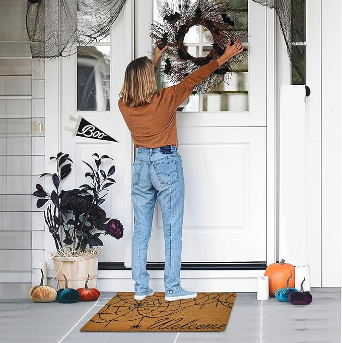 Decorative Halloween Welcome Mat, Spider Web, Natural Coco Coir Mats with Non-Slip PVC Backing, Indoor Outdoor Mats for Home & Office, Floor Mats for Door Decor, 30"x17"