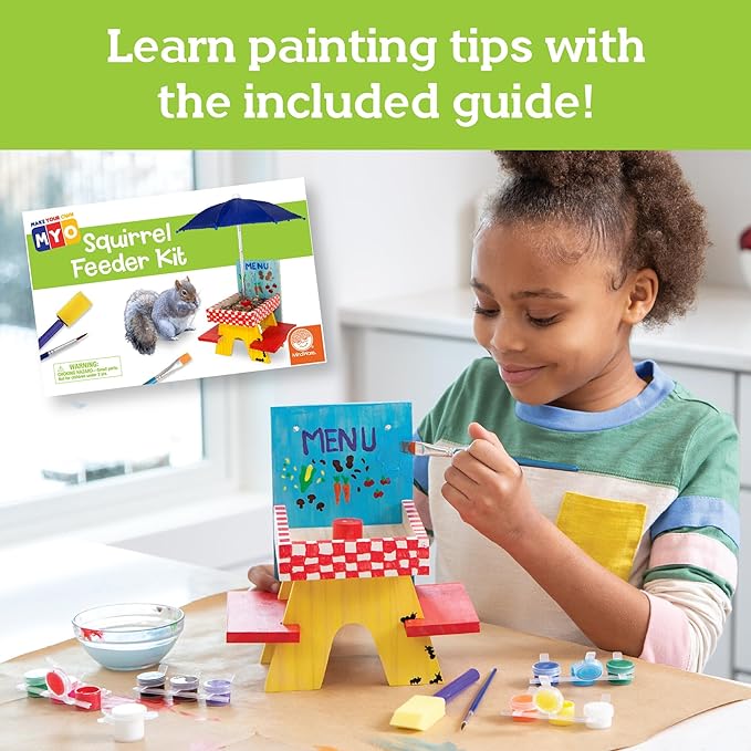 MindWare Make Your Own (MYO) Squirrel Feeder Craft Kit for Kids - Includes Wood Pieces, Paint, Brushes, Instructions and More