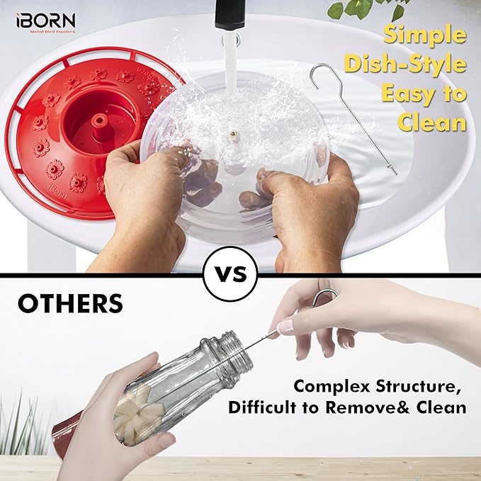 iBorn Hummingbird Feeders for Outdoors Hanging,Bee Proof Hummingbird Feeder with 14 Feeding Ports,13 OZ Saucer Humming Bird Feeders with Ant Moat,Ant Proof No Leak,Easy to Clean and Refill,2 Pack,Red