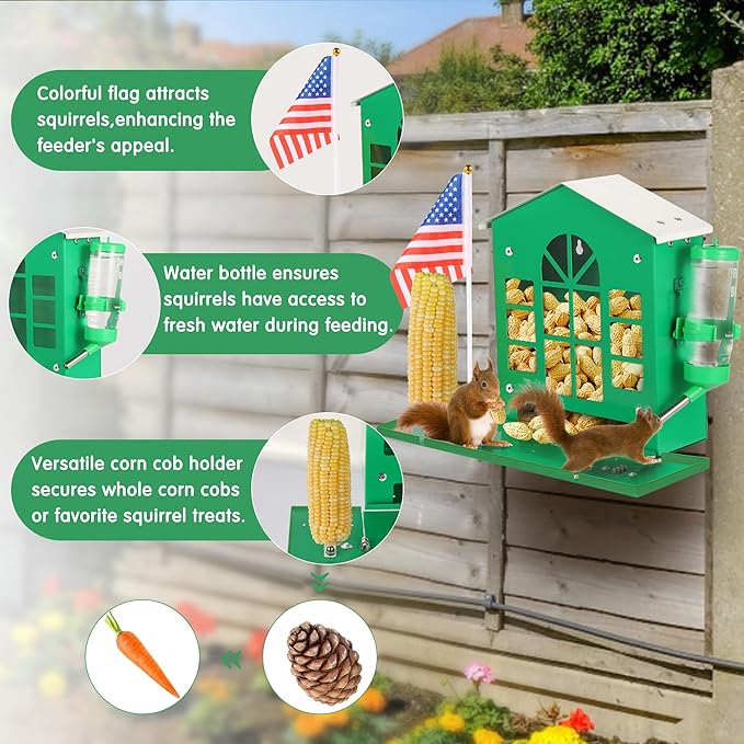 Metal Squirrel Feeder for Outside, Hanging Squirrel House for Outdoors with Water Bottle, Flag and Corn Cobs Holder, Peanut Feeder for Chipmunks, Easy to Mount on Trees or Fences