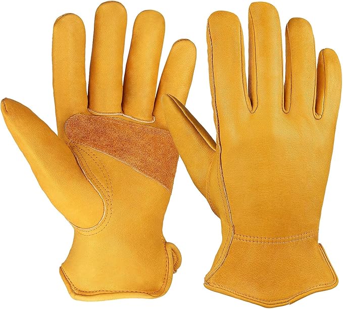 OZERO Gardening Work Gloves Men,1 Pair Insulated Heavy Duty Cut Resistant Thorn Proof Leather Cowhide Mens Women Mechanic Garden Gloves for Driving Welding-Medium