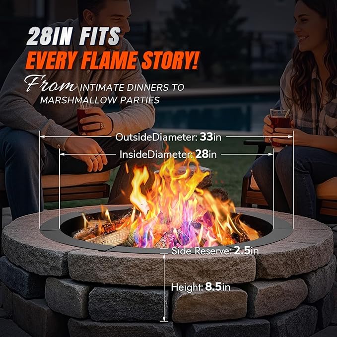 INNOSTAGE 28 Inch Fire Pit Ring (33 Inch Outer), Heavy Duty Steel Fire Ring for Outside, Large Round Fire Pit Insert, DIY Camping Fire Ring, Above or In-Ground, Black Carbon for Backyard Patio Bonfire