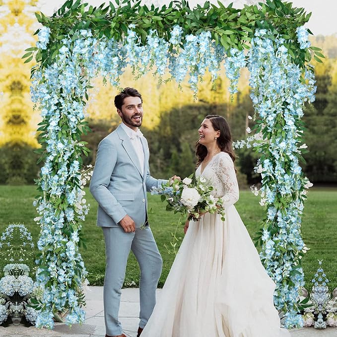 DearHouse 2Pcs 6 Ft/Piece Artificial Flowers Silk Wisteria Garland Artificial Wisteria Vine Rattan Silk Hanging Flower for Home Garden Outdoor Decor (Blue)