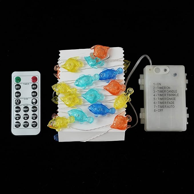 Decorman Tropical Fishes Decorative String Lights, 14ft 40 LED 8 Modes Cool White Weatherproof Battery Operated Ocean Theme Lights for Bedrooms Parties Weddings Gardens with Remote and Timer