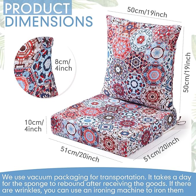 Hoteam 4 Set Outdoor Chair Patio Cushions Deep Seat Waterproof Chair Cushions 20 x 20 Inch for Patio Furniture Set Replacement Removable Seat and Back(Ethnic Style)