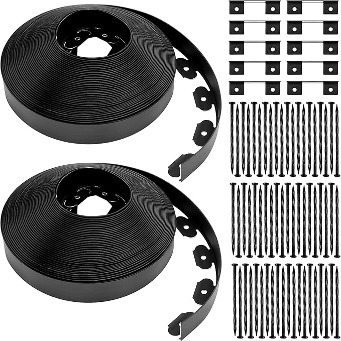 Sasylvia 3'' x 200' Landscape Edging Kit Edging Border Coil Include 120 Anchoring Spikes 10 Connectors Plastic Garden Border for Lawn Garden Grass Yard Home(Black)
