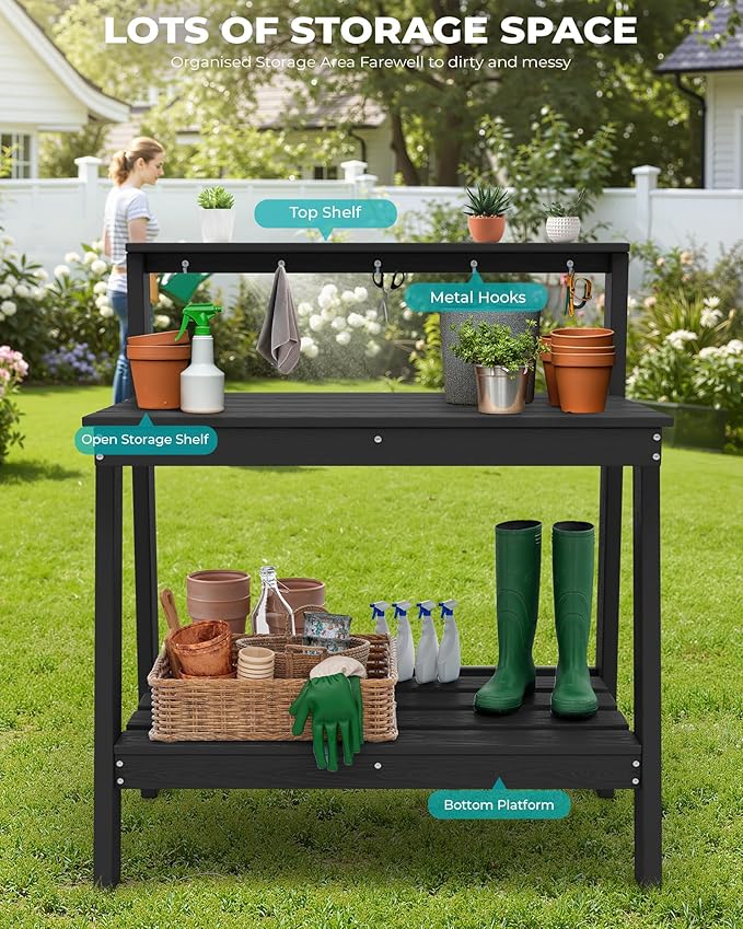 SERWALL Potting Bench Outdoor with Storage Set of 2, 3-Tier HDPE Gardening Table with Angled Legs & Tool Hooks, All-Weather Heavy Duty Potting Table for Patio, Backyard, Garden, Black