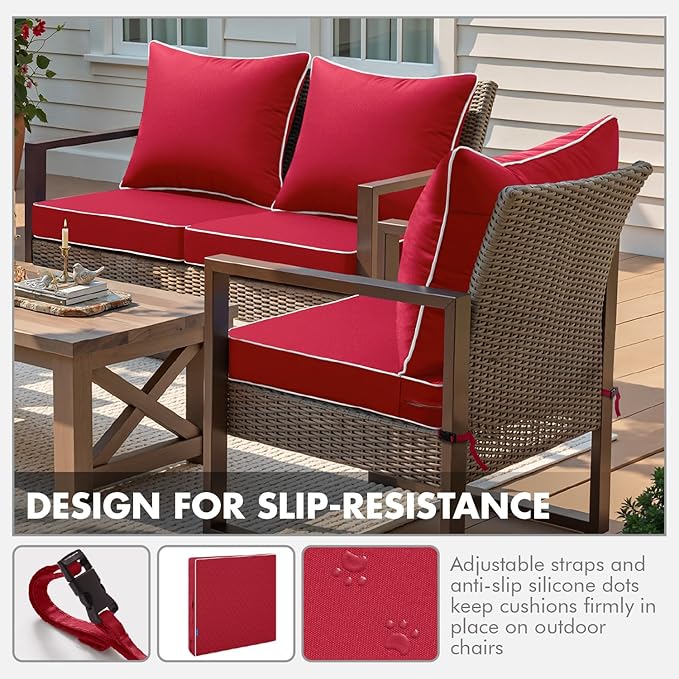 MIULEE Red Outdoor Seat Cushion 24x24 Inch Waterproof & 3 Year Fade Resistant Deep Seat and Back Cushion for Patio Furniture Chair Sofa Couch with Handle and Adjustable Straps