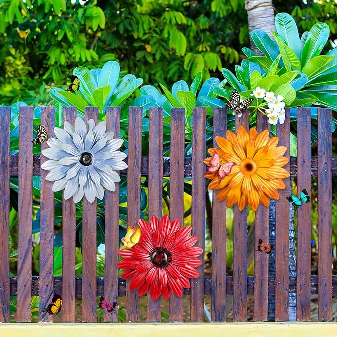 Hotop 3 Pcs Metal Flower Wall Art 3D Metal Daisy Wall Decor Multiple Layer Hanging Flower Rustic Farmhouse Boho Style Decorations for Indoor Outdoor Home Living Room Office Garden, 8 Inches(Retro)