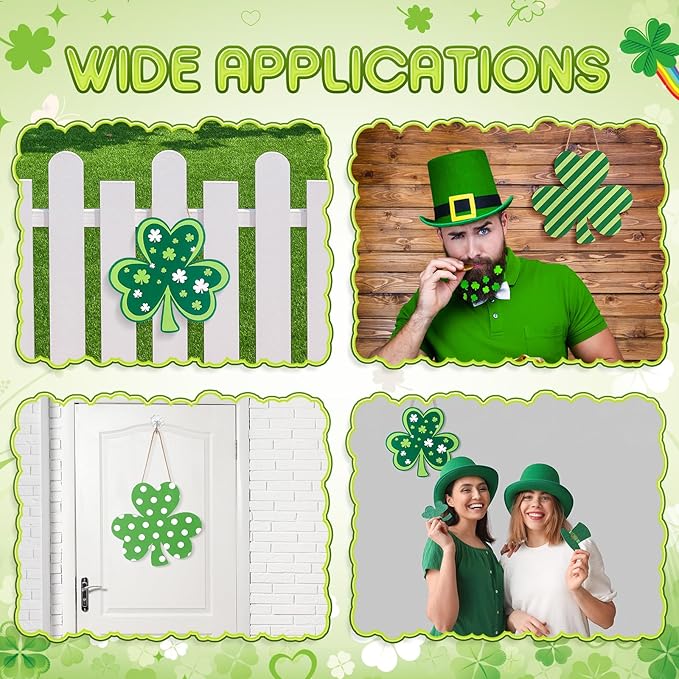 BreezeHug 3 Pcs St. Patrick's Day Door Sign, Shamrock Wooden Door Wreath for Front Doors Irish Shamrock Hanging Decoration Lucky Ornament Spring Wood Clover for Wall Home Outdoor Holiday Party Decor