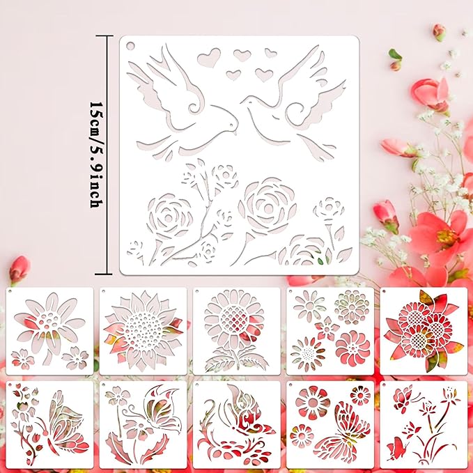 20 pcs Flower Butterfly Stencils Reusable, 5x5 Spring Theme Stencils for Painting on Wood, Plastic Drawing Painting Spraying Template for Greeting Cards, Wall Window Door DIY Decoration (G-20PCS)
