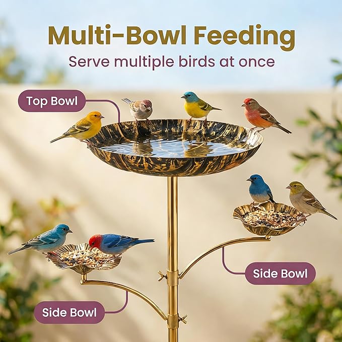 Triple Bowl Bird Bath for Outside, 3-in-1 Bird Bath & Feeder with 4-Claw Ground Stake, 51in Height, 11.8in Large Top Bowl, Outdoor Birdbath for Garden Patio Yard Decor, Antique Bronze