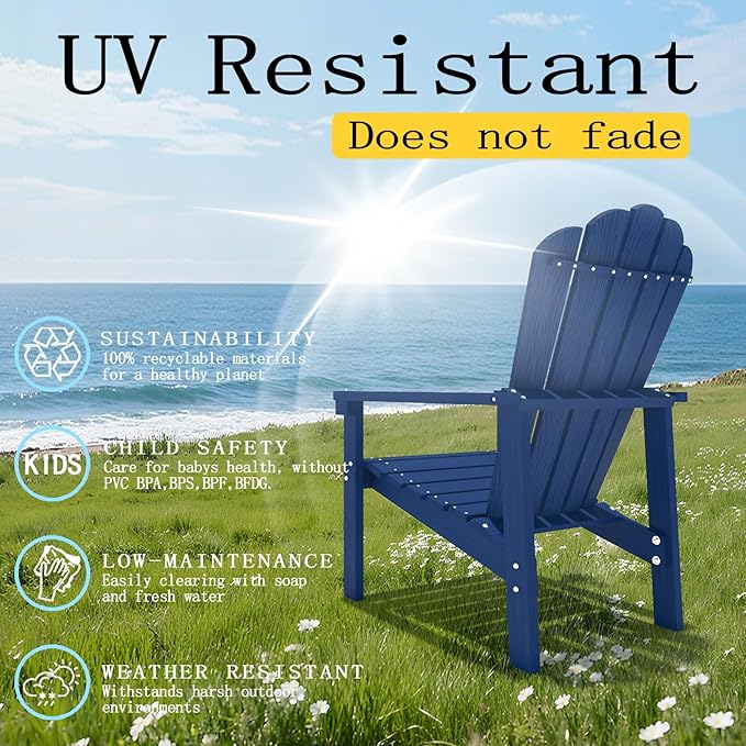 Stackable Adirondack Chair Set of 4, HDPE All-Weather Adirondack Chairs - Durable and Space Saving, Plastic Outdoor Fire Pit Chairs with Cup Holder,Navy Blue