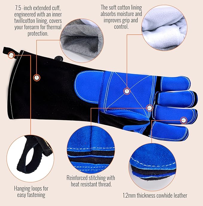 JKSafety Welding Gloves for Men,932°F Heat Resistant Gloves Mitts for Welders,Stick,Tig,Mig,Forge,Oven,Fireplace,Furnace