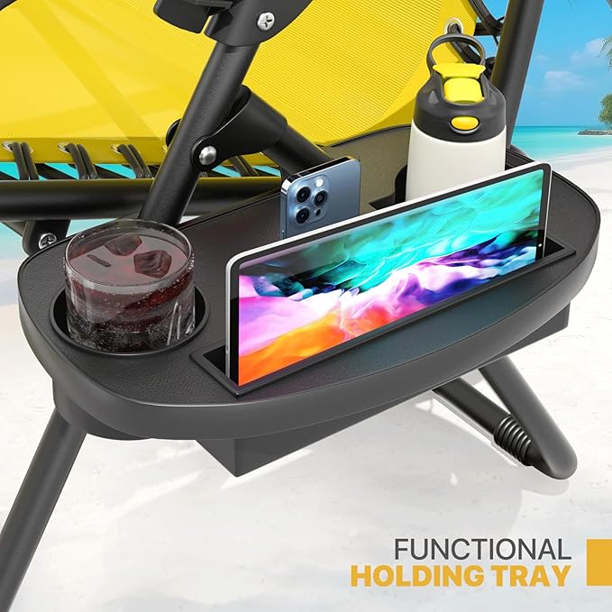 Magshion Zero Gravity Lounge Chairs Set of 2, Outdoor Patio Reclining Chair with Side Tray, Adjustable Anti-Gravity Recliners with Pillow Headrest, Folding Lounger for Lawn Camping Beach, Yellow