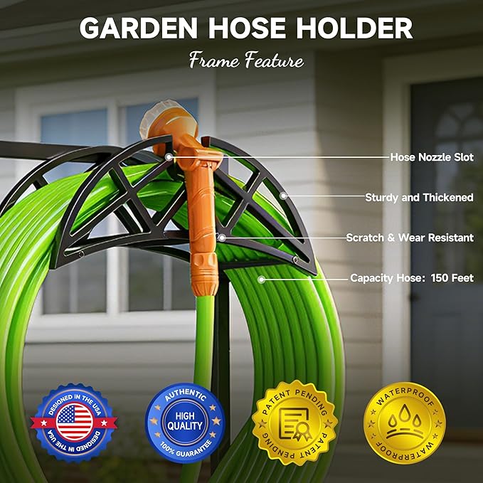 Garden Hose Holder, Heavy-Duty Metal Stand with Stable Base & 2 Tool Hooks, Freestanding Storage Rack for Outside, Holds 150ft – Hose Holders for Yard & Lawn