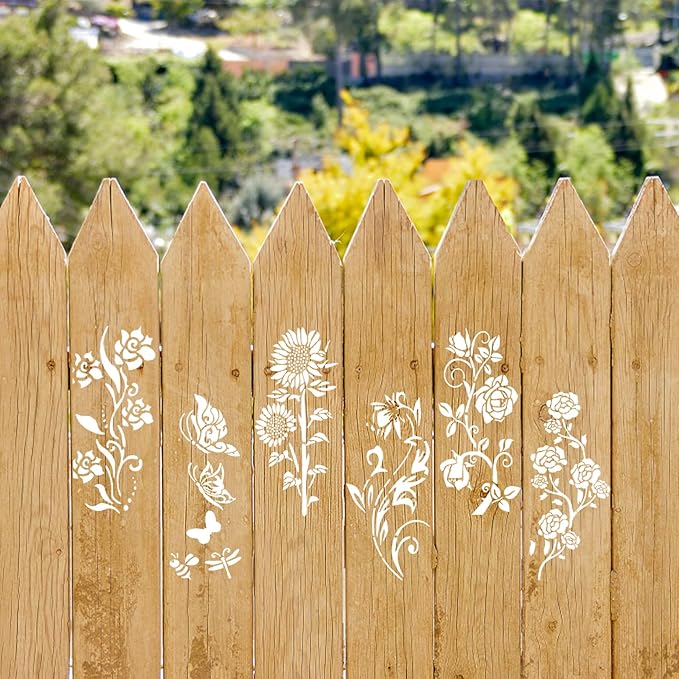 6pcs Garden Fence Large Flower Stencils, Flower Painting Wood Template Floral Drawing Stencils Wall Stencils for Crafts Reusable Outdoors Wall Decoration Home Floor Decor Drawing Supplies