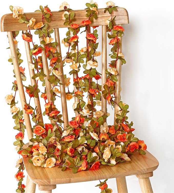 KHOYIME 5 Pack 40 FT Artificial Flower Garland, Fake Orange Roses Vines Silk Flowers Faux Plastic Outdoor Hanging Floral Garland Fall Autumn Decoration for Indoor Table Home Wall Backdrop Room Decor