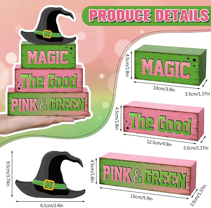 4 Pcs Pink Green Party Decorations Witch and Princess Table Decor Witchy Hat Wooden Signs Farmhouse Pink Green Witch and Princess Table Centerpiece for Home Office Desk Shelf Party Decorations