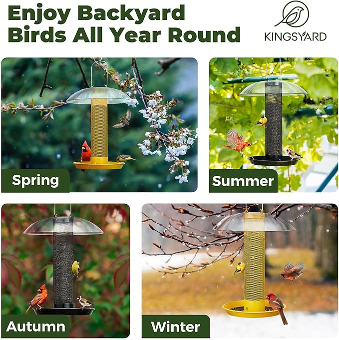 Kingsyard Finch Bird Feeder for Outdoors Hanging, Metal Mesh Tube Bird Feeders for Thistle & Nyjer Seed, Large Removable Tray & Rainproof Dome, 2.5 lbs Seed Capacity, Black