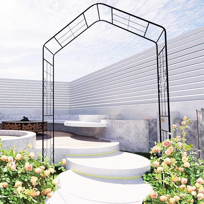 Garden Arbor, 8FT Metal Arbor Trellis for Climbing Plants Outdoor, Black Garden Archway for Lawn, Patio and Backyard, Wedding Arches for Ceremony