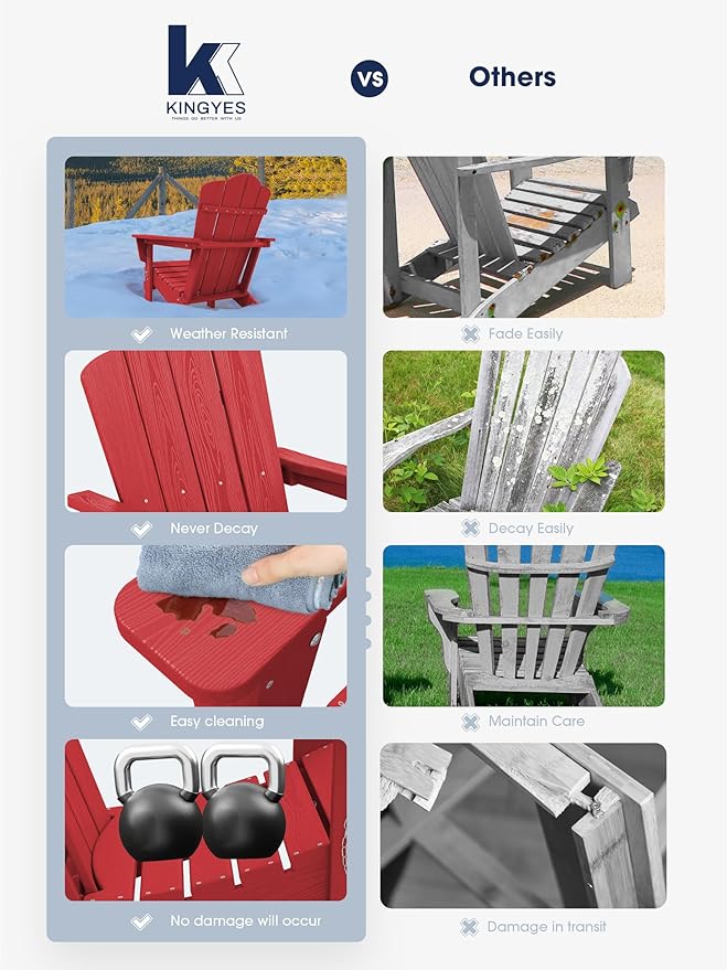 KINGYES Folding Adirondack Chair, HDPE All-Weather Patio Chairs, Wooden Textured Lawn Chair for Poolside, Backyard, Deck, Fire Pit, Light Red