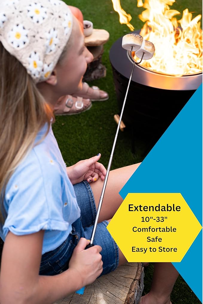 Smores Sticks for fire pit -Set of 6- Extra Strong Extendable Marshmallow Roasting Sticks w/Reinforced Joints -Rotating Stainless Steel Marshmallow sticks for fire pit, Hot dog Sticks for Campfire
