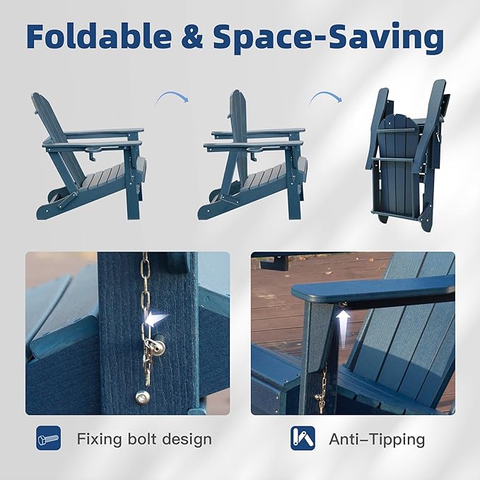 Domi Folding Adirondack Chairs Set of 8, HDPE All-Weather Outdoor Chairs with Cup Holder, Wooden Textured Fire Pit Chairs for Backyard, Patio, Poolside & Deck, Navy Blue