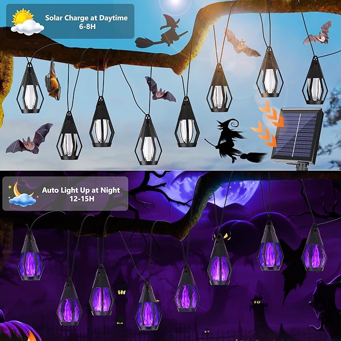 Solar String Lights for Outside, 21Ft Solar Patio Lights with 10 Flickering Flame Light Bulbs, Waterproof Purple Solar Powered Outdoor Lights for Garden Yard Patio Gazebo Bistro Cafe Porch Party Decor