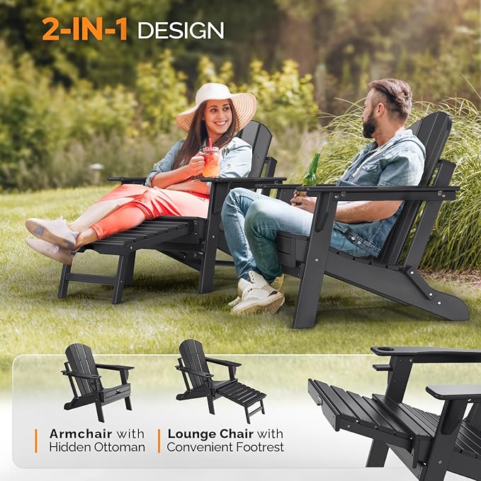 VINGLI Folding Adirondack Chair Set of 2 with Ottoman, Waterproof Plastic HDPE Firepit Chair for Outside with Hidden Footrests, Foldable Ergonomics Seating for Patio Porch Yard Garden(Black)